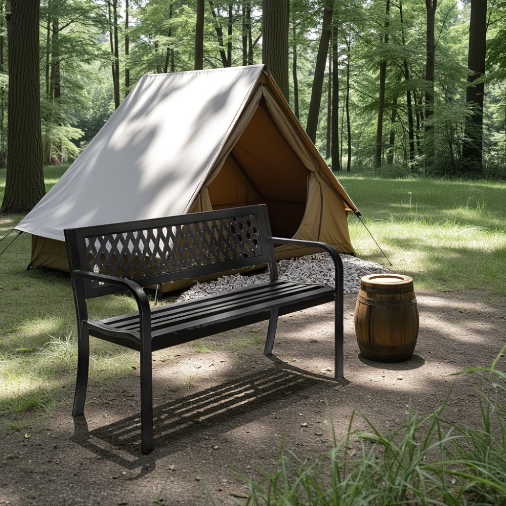 Black Metal Outdoor Bench with 47in Slatted Seat, Lattice Backrest, Curved Arms and Single Finish