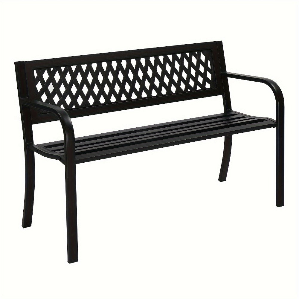 Black Metal Outdoor Bench with 47in Slatted Seat, Lattice Backrest, Curved Arms and Single Finish
