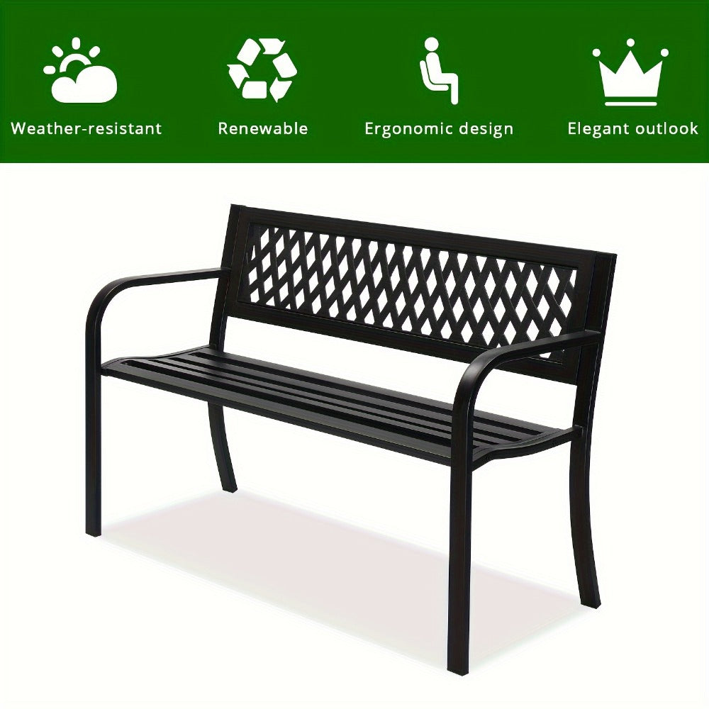 Black Metal Outdoor Bench with 47in Slatted Seat, Lattice Backrest, Curved Arms and Single Finish