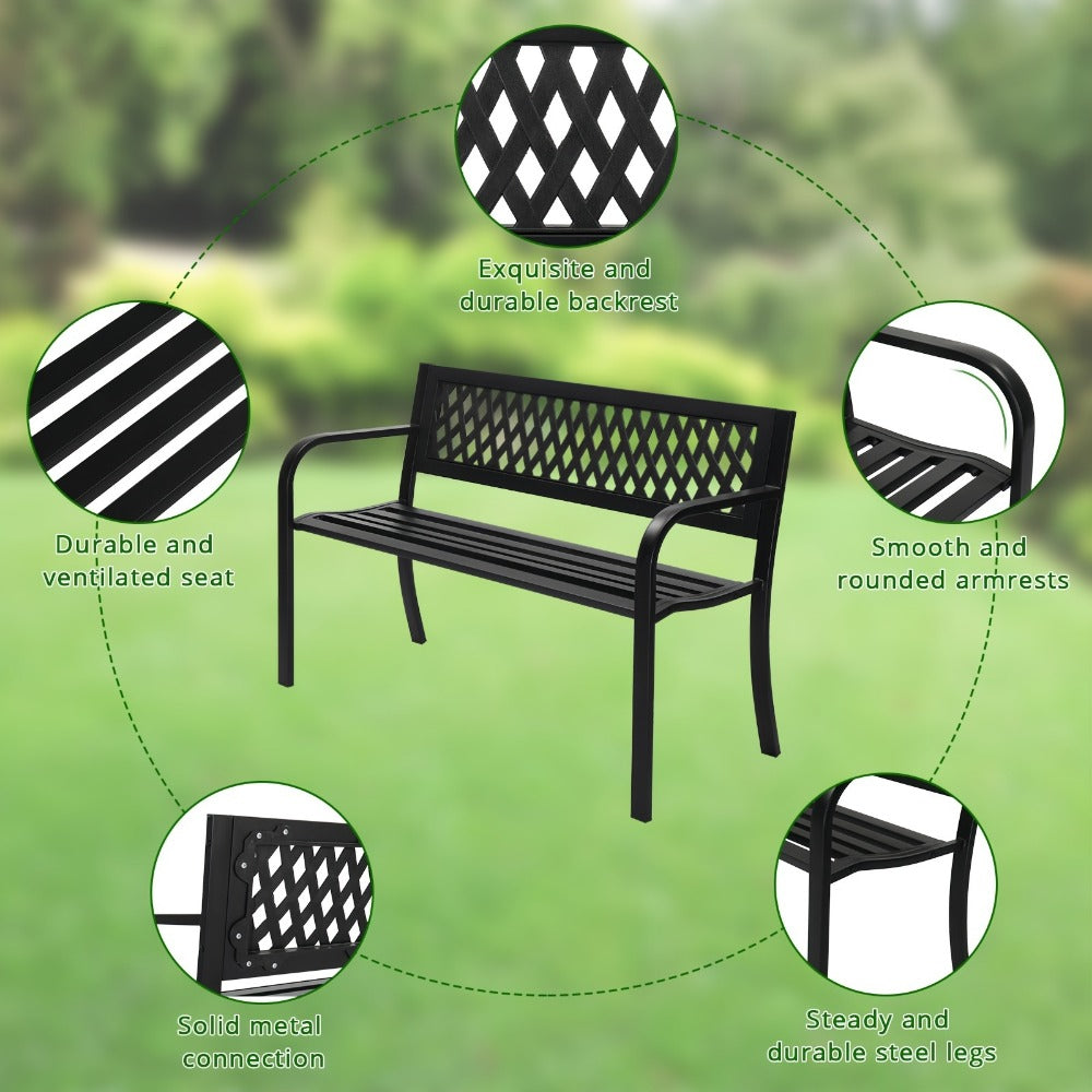 Black Metal Outdoor Bench with 47in Slatted Seat, Lattice Backrest, Curved Arms and Single Finish