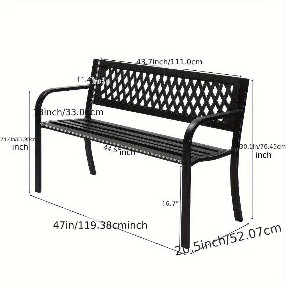 Black Metal Outdoor Bench with 47in Slatted Seat, Lattice Backrest, Curved Arms and Single Finish