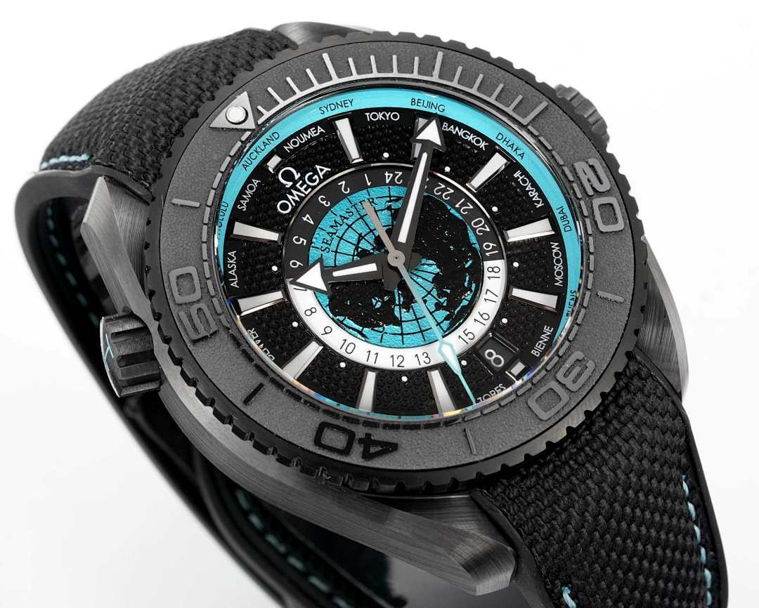 Omega Seamaster Planet Ocean Ultra Deep World Timer GMT – Black Ceramic Turquoise World Map Dial 24-City