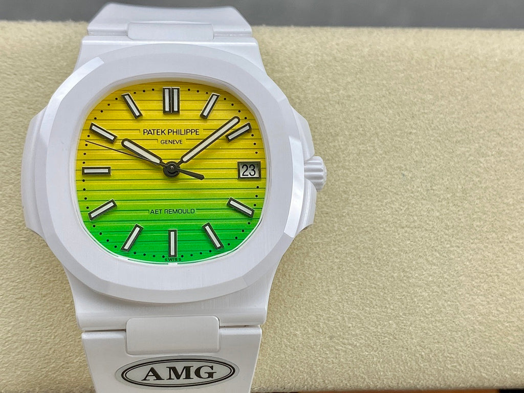 Patek Philippe Nautilus 5711 × AET Remould – White Ceramic Case & Bracelet Yellow Green Gradient Dial Date