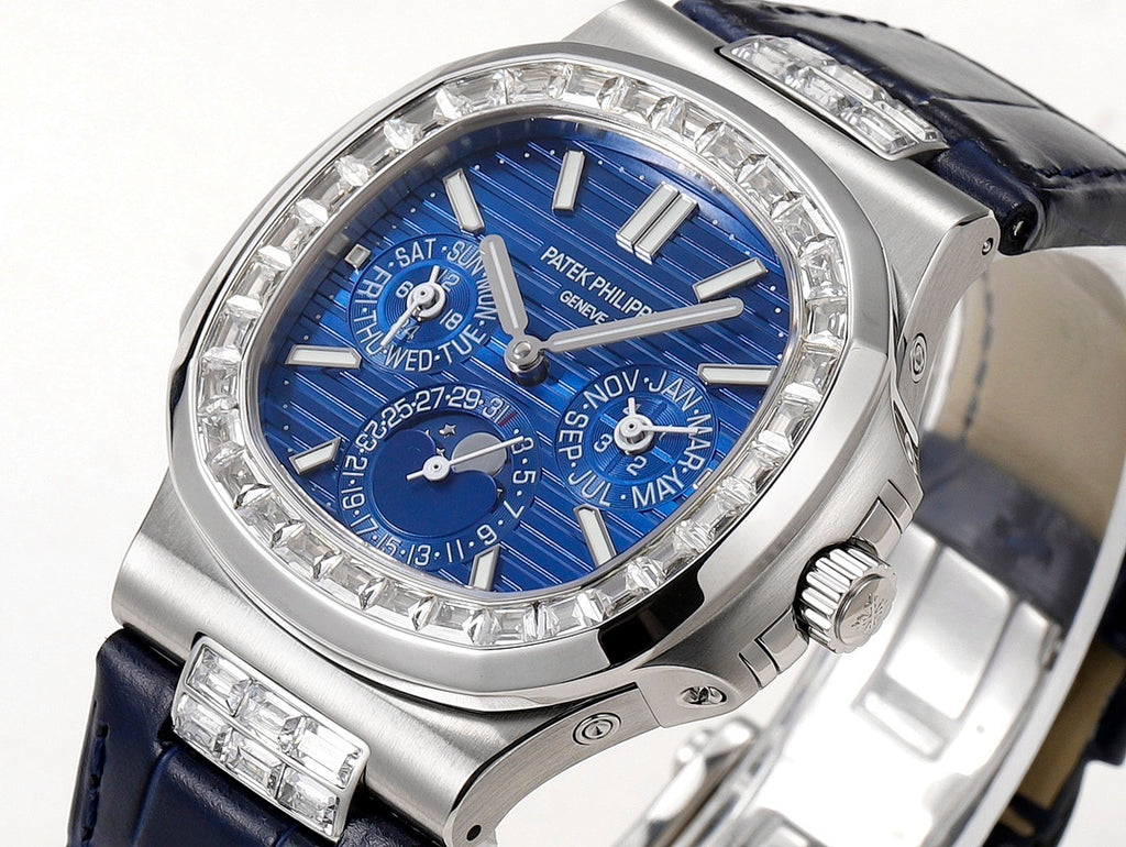 Patek Philippe Nautilus 5726 Annual Calendar – White Gold Baguette Diamond Bezel Blue Dial Moon Phase Blue Crocodile Strap