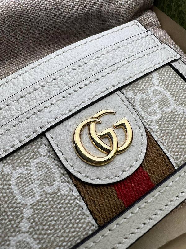 Gucci Ophidia GG Supreme Card Holder – Ivory White Leather Web Stripe Gold GG