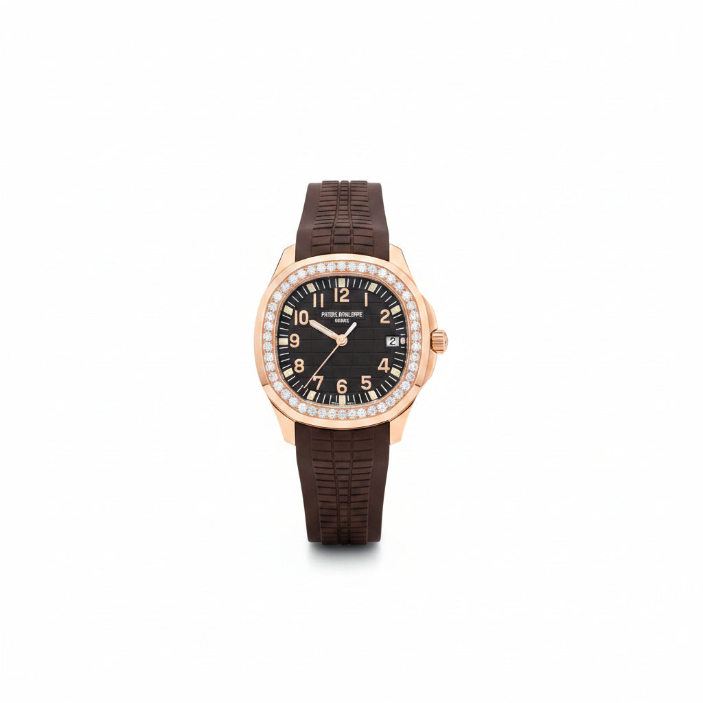 Patek Philippe Aquanaut Luce 5067 – Rose Gold Diamond Bezel Black Dial Arabic Numerals Date Brown Rubber Strap