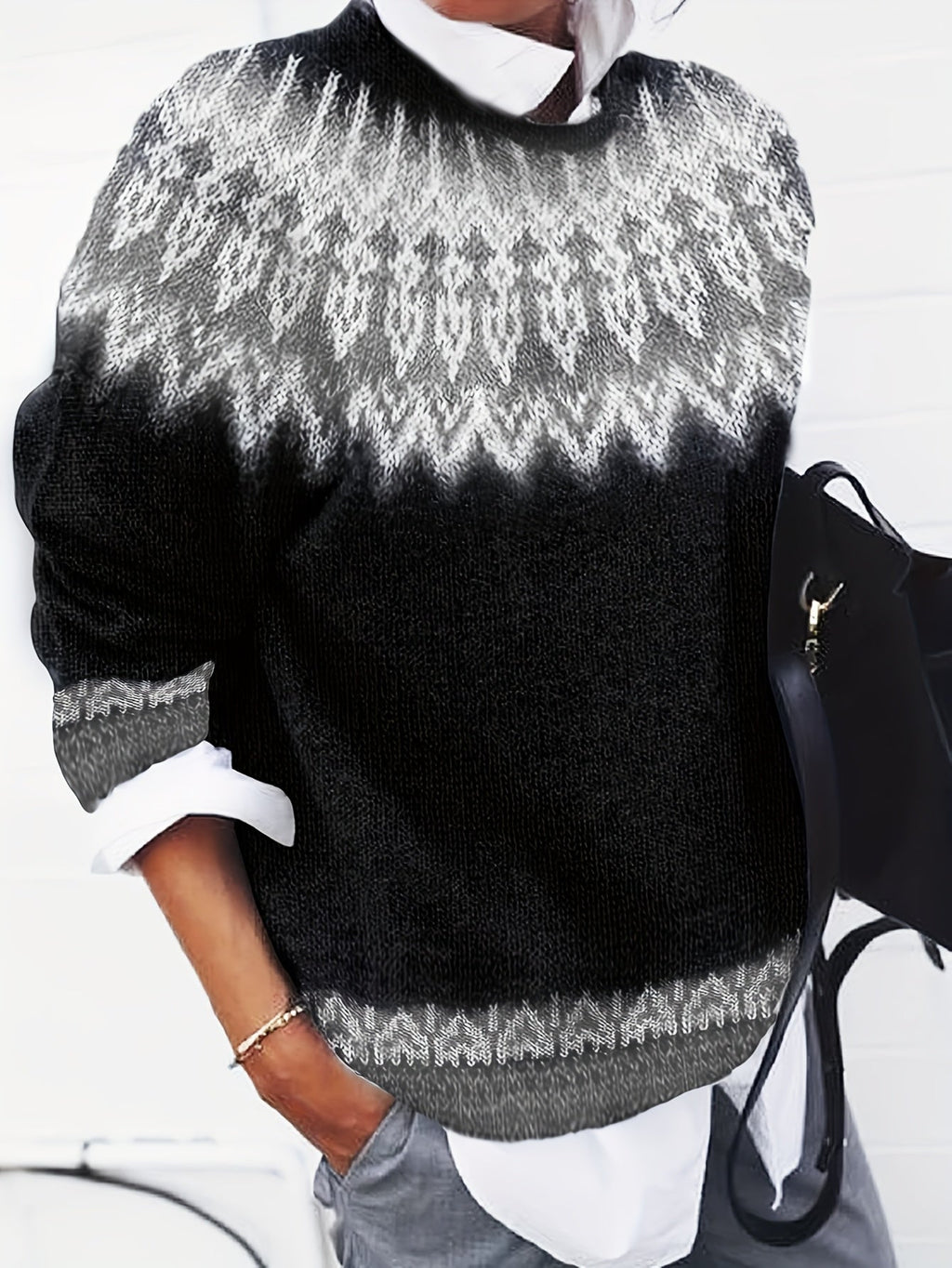 Sylvia | Grobstrick-Jacquardpullover mit Rundhalsausschnitt