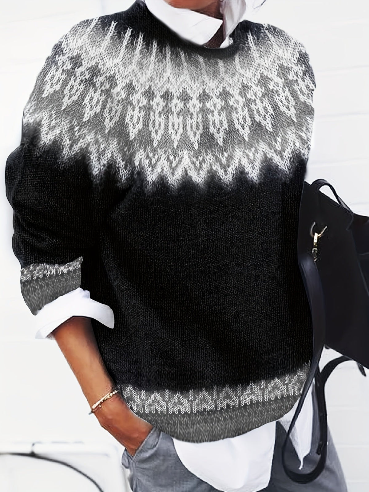 Sylvia | Grobstrick-Jacquardpullover mit Rundhalsausschnitt