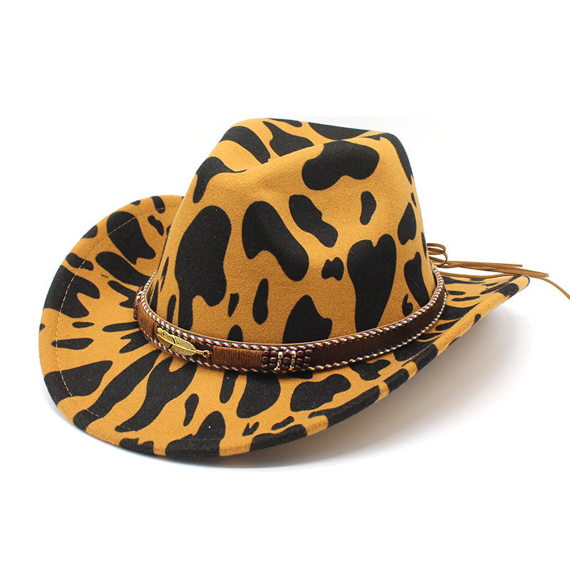 Tate Cowboyhut aus Wollfilz mit Kuhfellmuster, mittlere flache Krempe