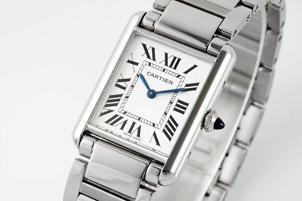 Cartier Tank – Steel White Roman Numeral Dial Blue Sword Hands Sapphire Crown Steel Bracelet