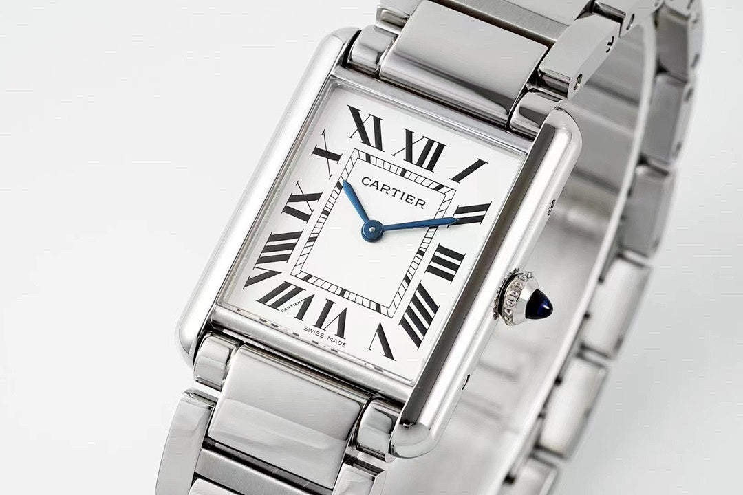 Cartier Tank – Steel White Roman Numeral Dial Blue Sword Hands Sapphire Crown Steel Bracelet