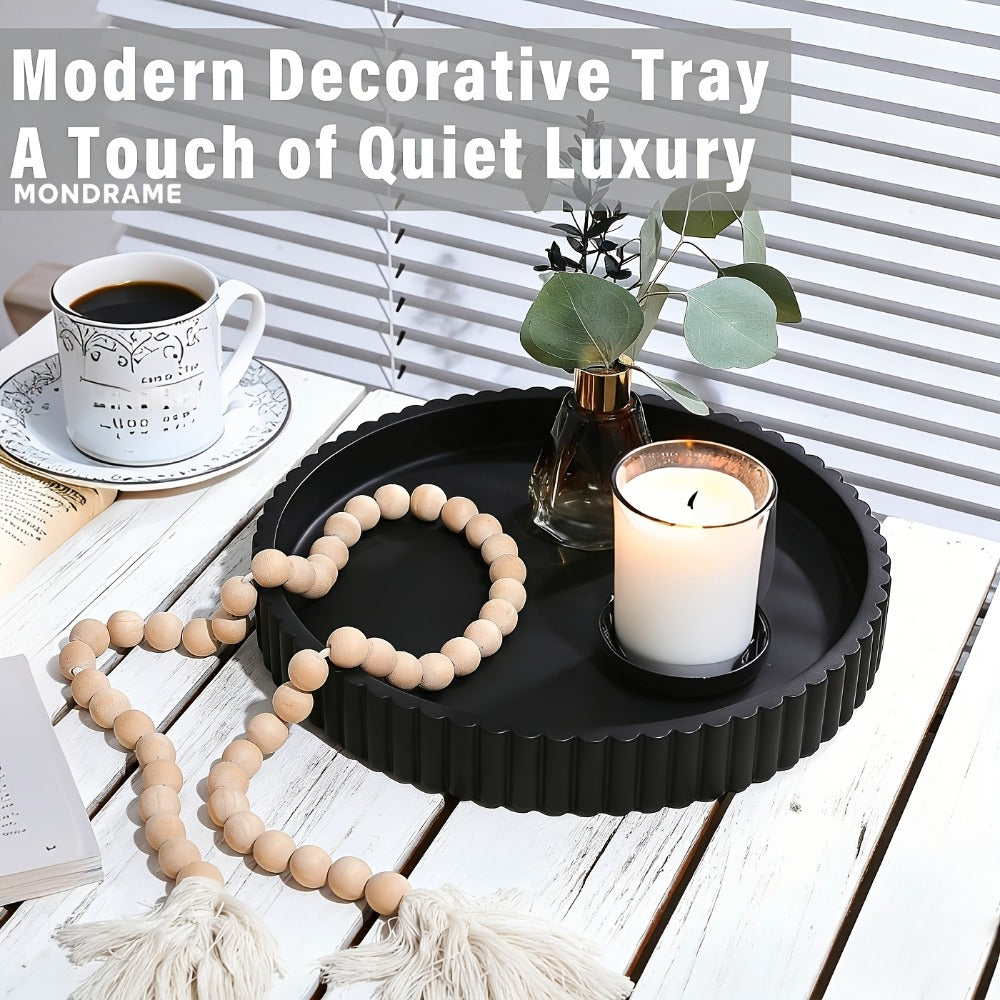 Wood Decorative Tray for Coffee Table 11 Inch Round Boho Serving Tray Wooden Centerpiece for Home Cooking, Dining and Outdoor Meals
