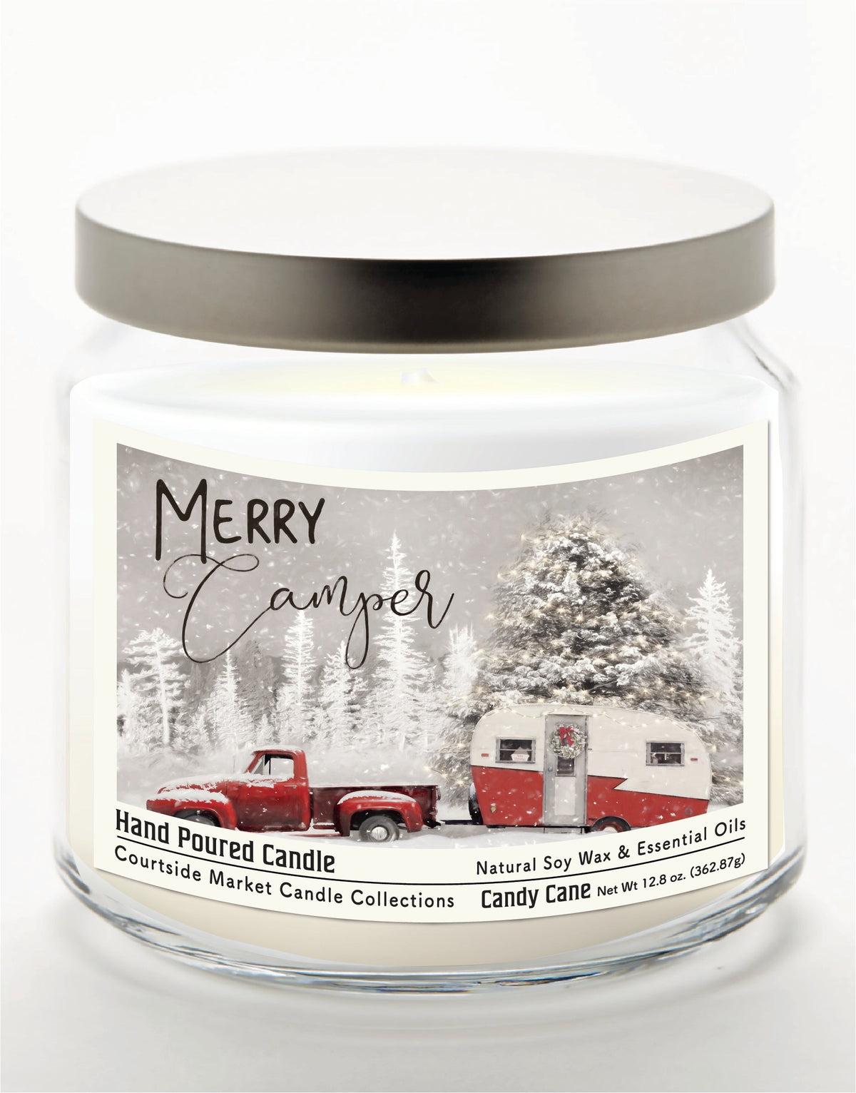 Merry Camper 12.8 Oz Candle Glass Jar with Brushed Silver Metal Lid