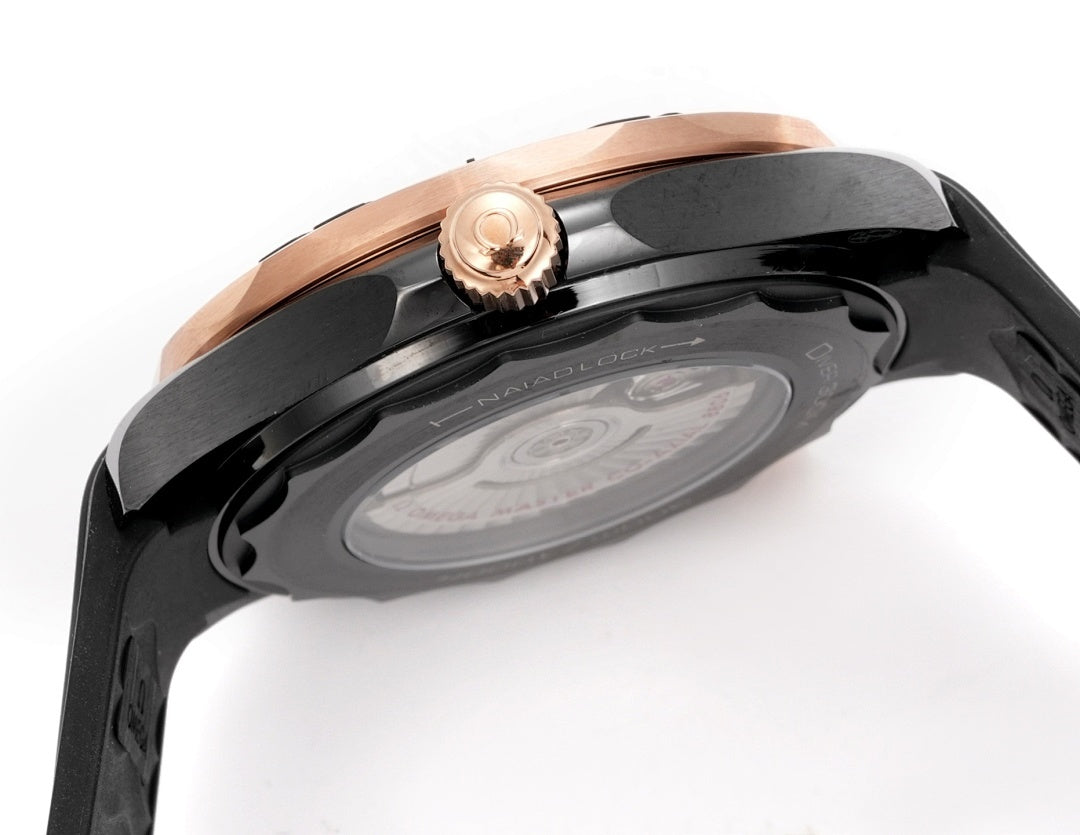 Omega Seamaster Diver 300M – Black Ceramic Everose Gold Crown Black Wave Dial Rose Gold Hands Rubber Strap