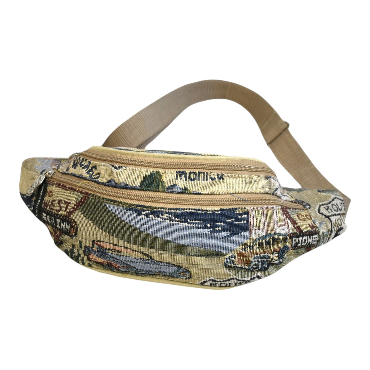 Route 66 Tapestry Canvas Waist Bag with Front Zipper Pocket and Adjustable Multi-Way Strap