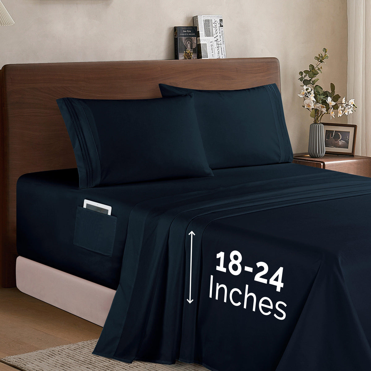 Elegant Comfort Extra deep 18-24 Inch Pocket 3 Line Embroidery, 4-Piece Sheet Set, Moody Shades