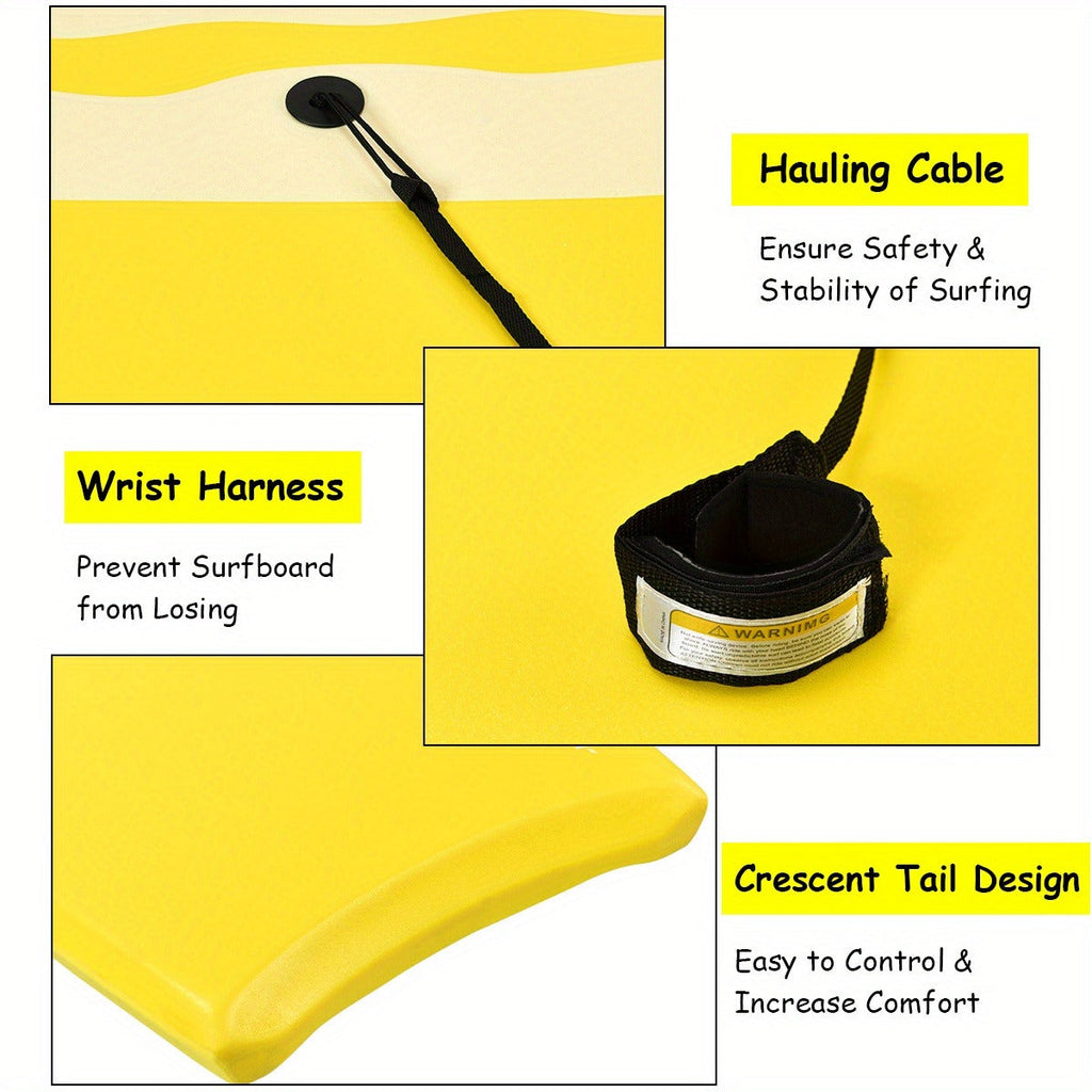 Yellow 41-Inch EPS Core Bodyboard with XPE Deck, HDPE Slick Bottom, Crescent Tail and Wrist Leash