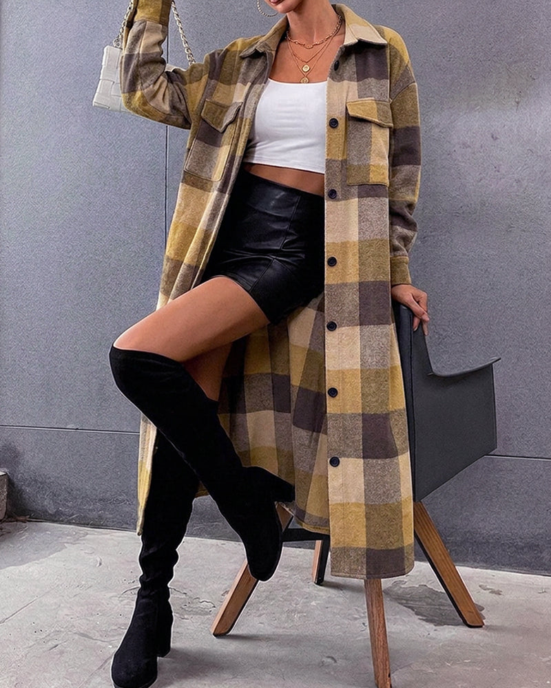 Women's Plaid Turn-Down Collar Button Front Flap Pocket Asymmetrical Hem Longline Coat