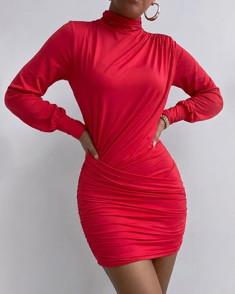Women's Mock Neck Ruched Bodycon Mini Dress Lantern Sleeve Asymmetrical Wrap Party Dress
