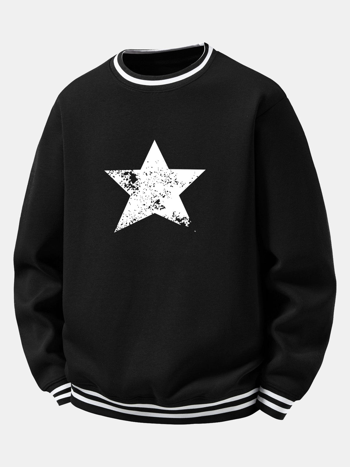 Star Print Striped Ribbed Trim Crew Neck Sweatshirt
