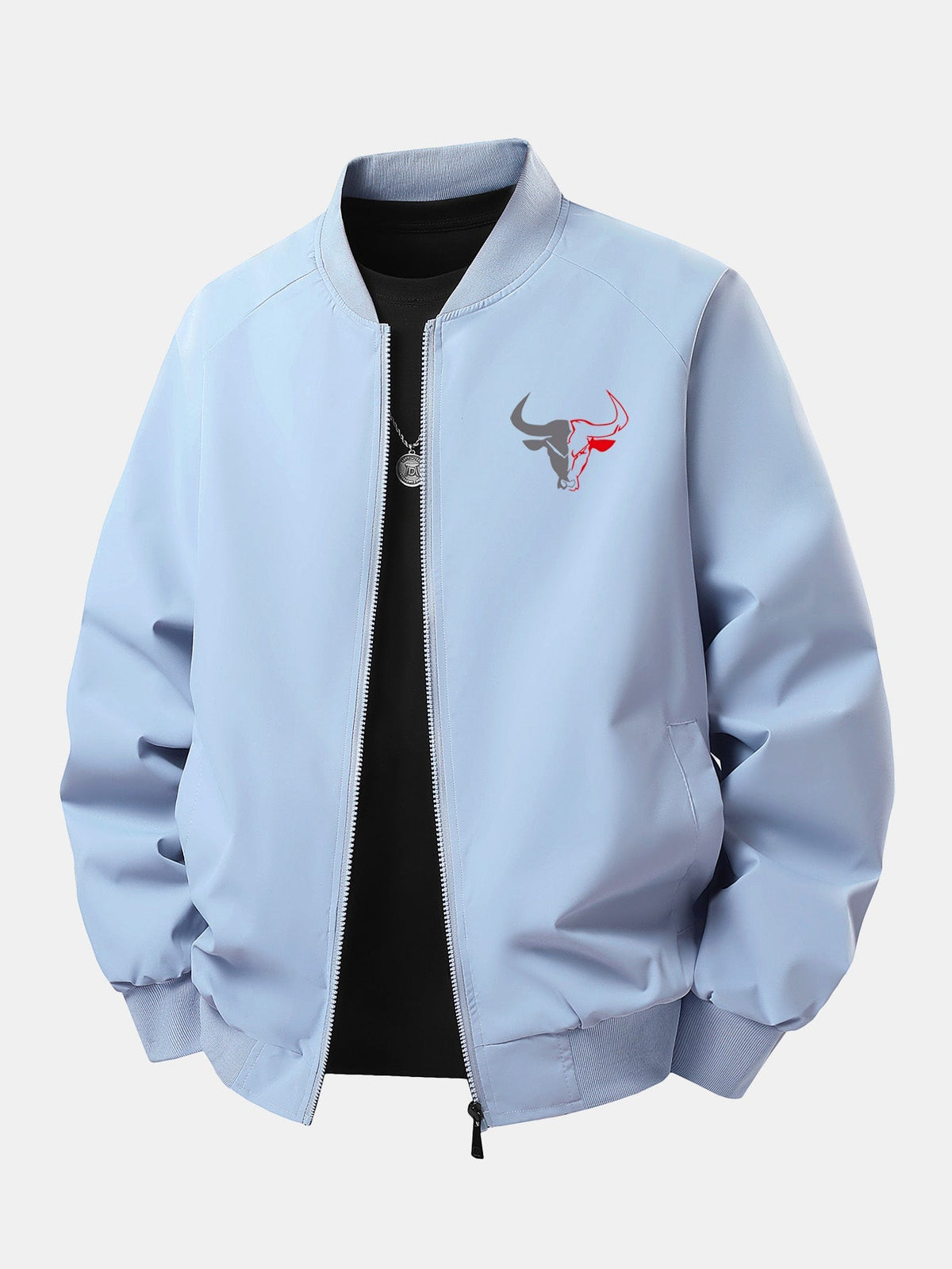 Relax Fit Bull Print Zip-Up Bomber Jacket
