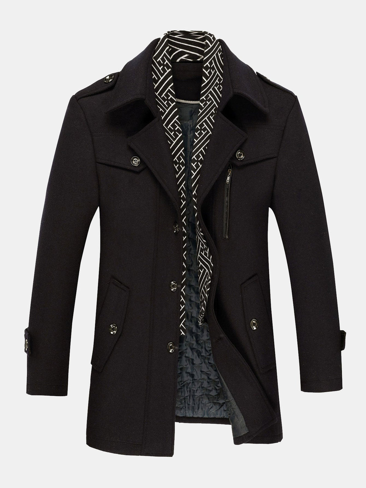 Quilted Lined Double Layer Detachable Scarf Neck Woolen Coat