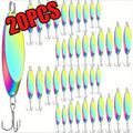 Fishing Lure Set 20-Piece Holographic Metal Casting Spoons in Five Weights with Gold, Silver or Rainbow Finish and Treble Hooks
