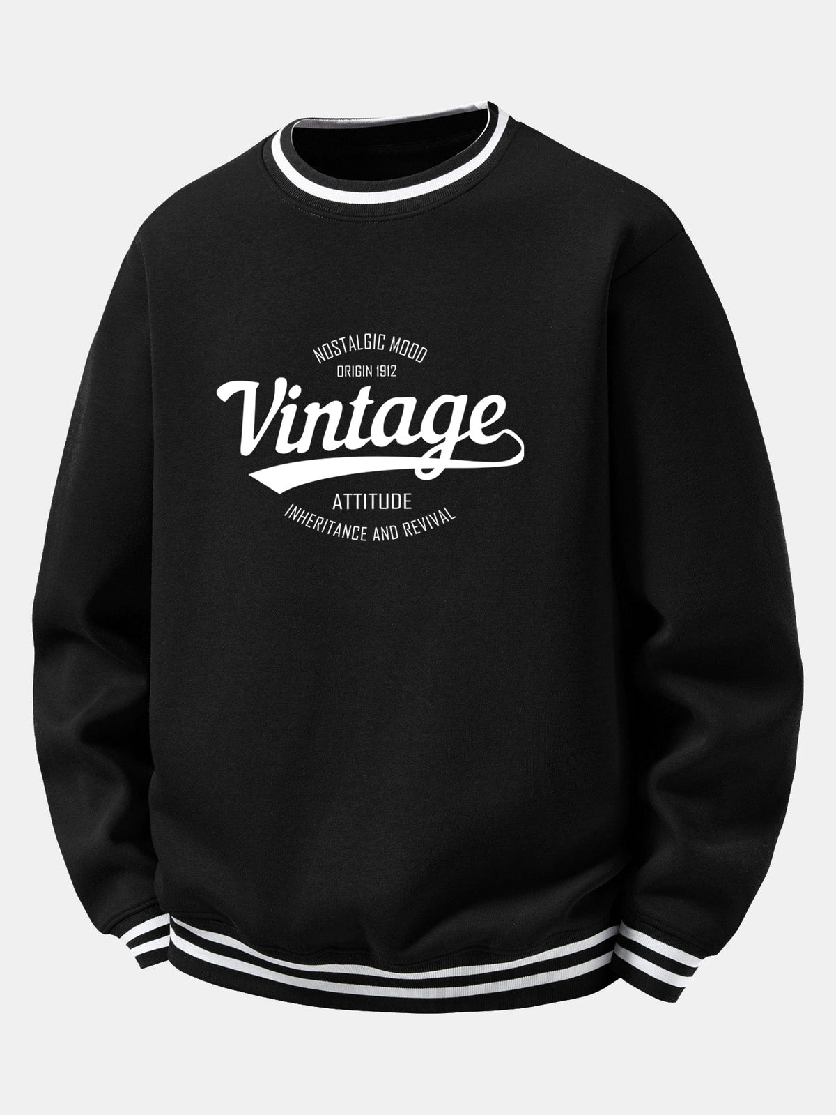 Vintage Print Striped Ribbed Trim Crew Neck Sweatshirt