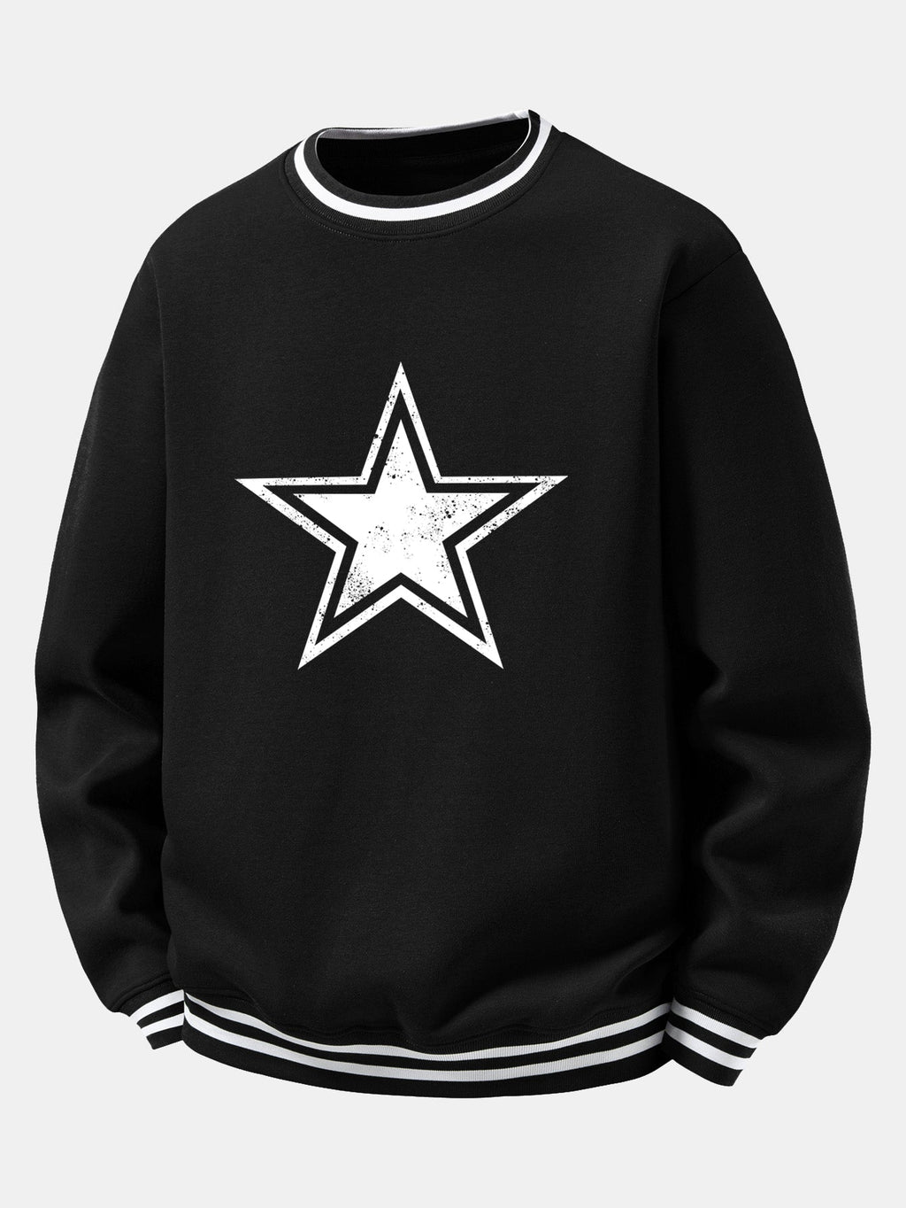 Star Print Striped Ribbed Trim Crew Neck Sweatshirt