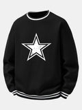 Star Print Striped Ribbed Trim Crew Neck Sweatshirt