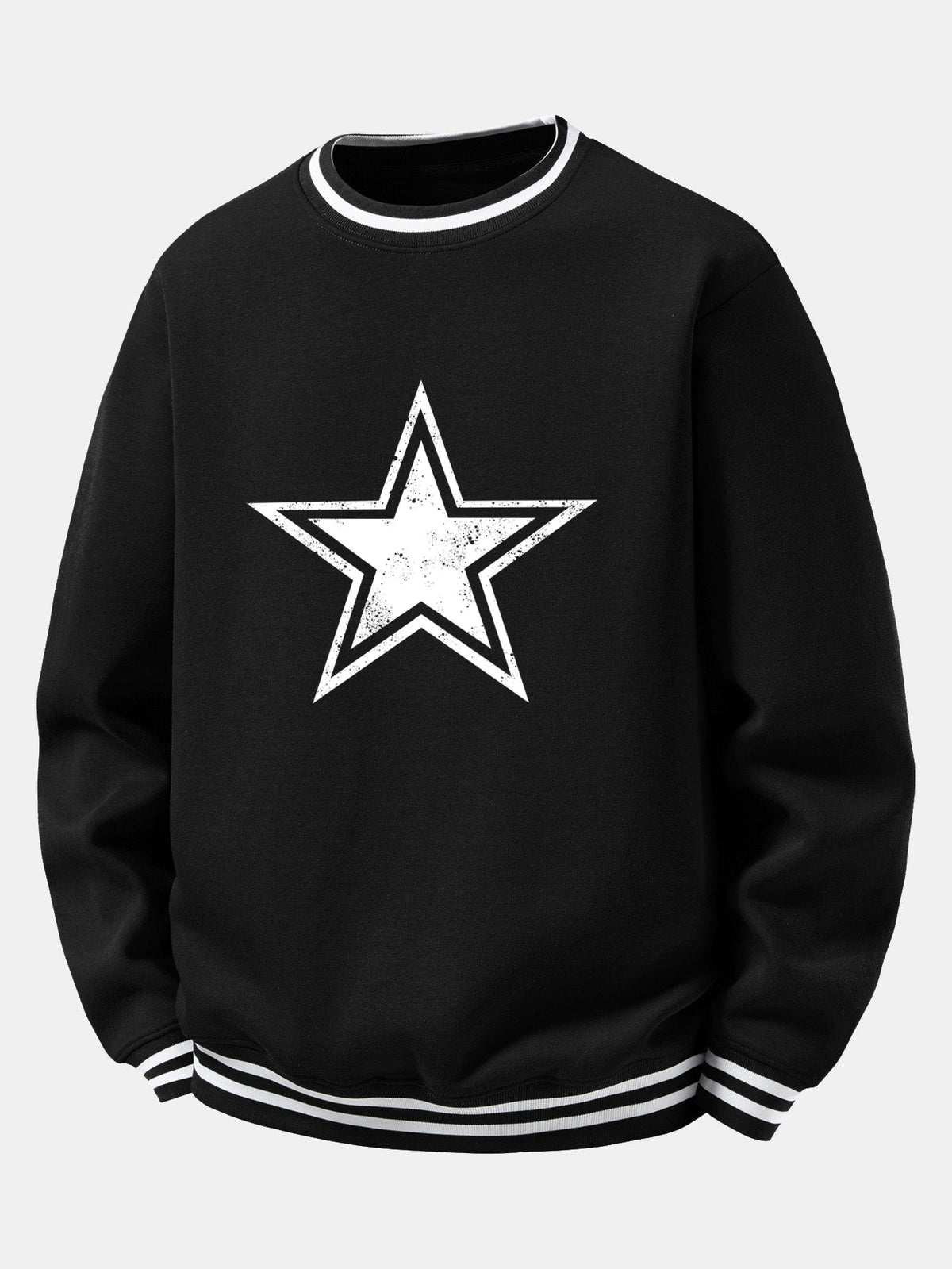 Star Print Striped Ribbed Trim Crew Neck Sweatshirt