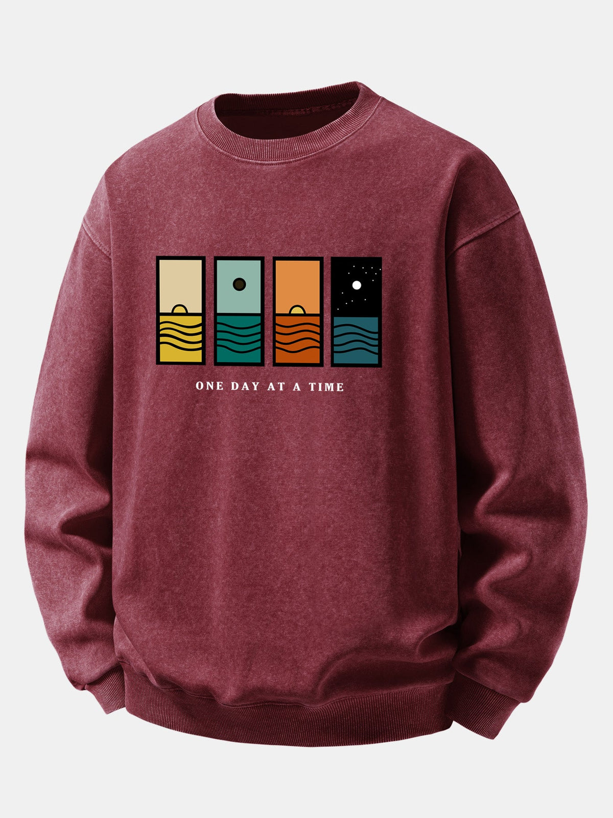 Relaxed Fit One Day At A Time Print Washed Distressed Sweatshirt