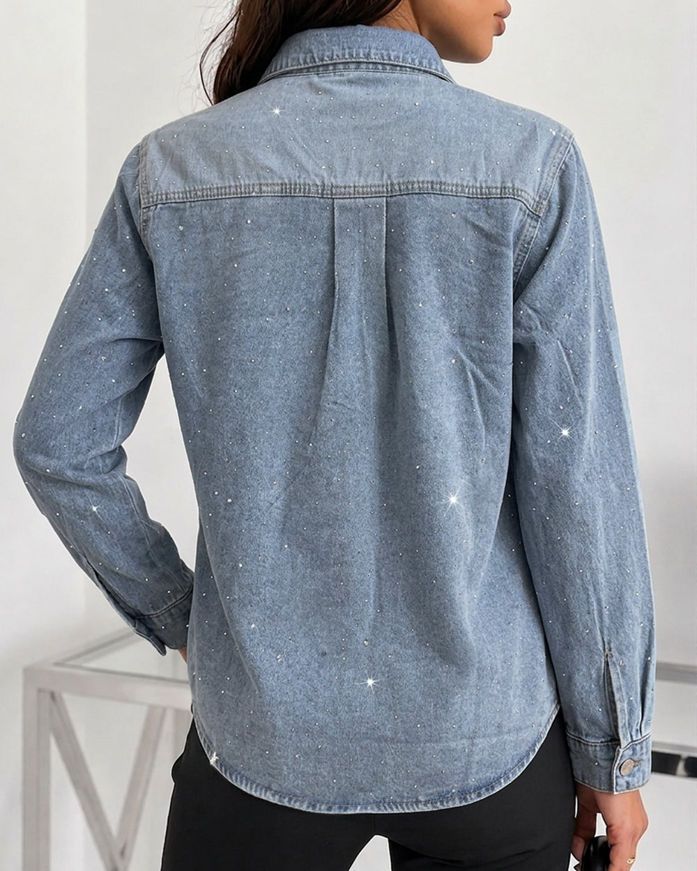 Damen-Jeansjacke mit Strasssteinen, verwaschene Oversized-Hemdjacke mit Knopfleiste, glitzernde, locker geschnittene Freizeitjacke mit langen Ärmeln
