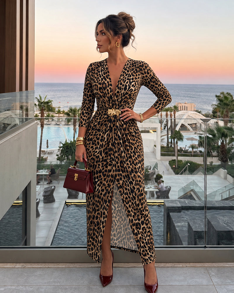 Women's Leopard Print Long Sleeve V-Neck Midi Dress Ruched Front Slit Dress