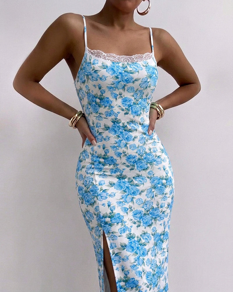 Damen-Camisole-Kleid mit Spitzen-Patchwork und Blumenmuster, schmale Passform, hoher Schlitz, rückenfrei, Urlaubskleid