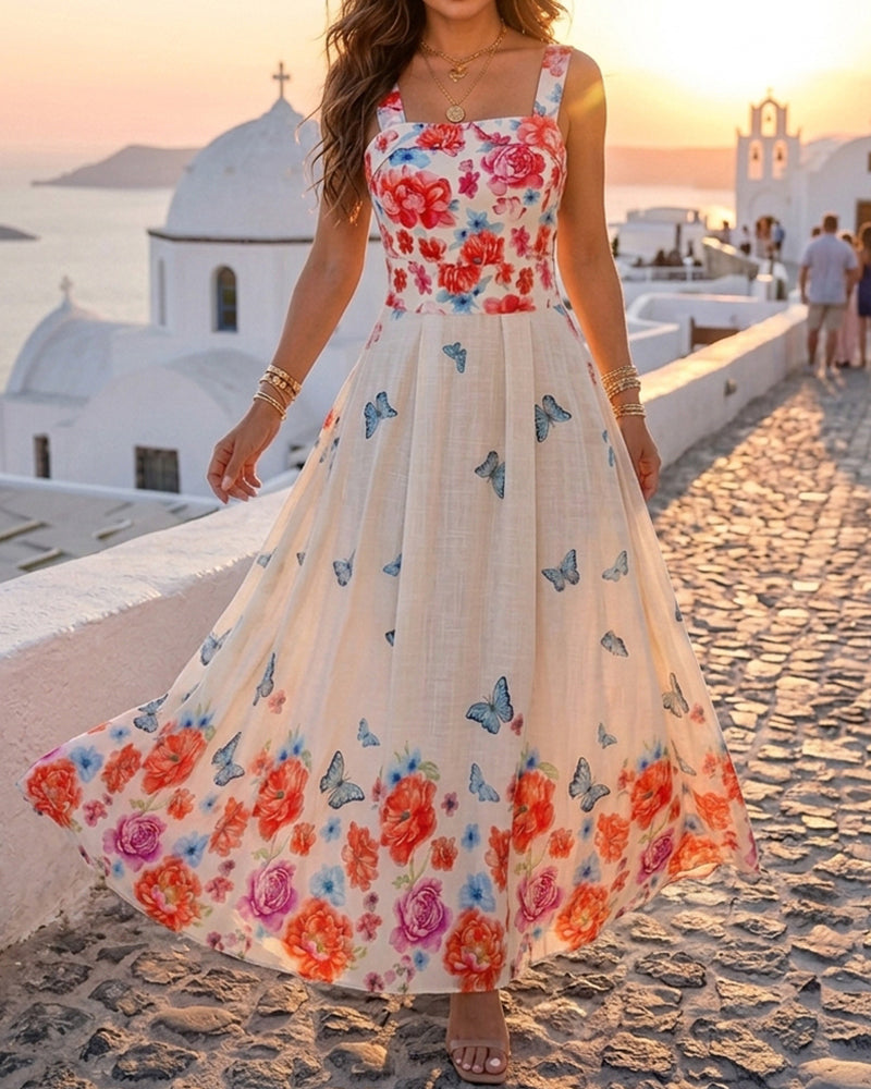 Damen-Maxikleid mit Blumen-Schmetterlings-Print, Camisole-Trägern, gesmoktem Rücken, ärmellos, für Urlaub, Freizeit und Strand