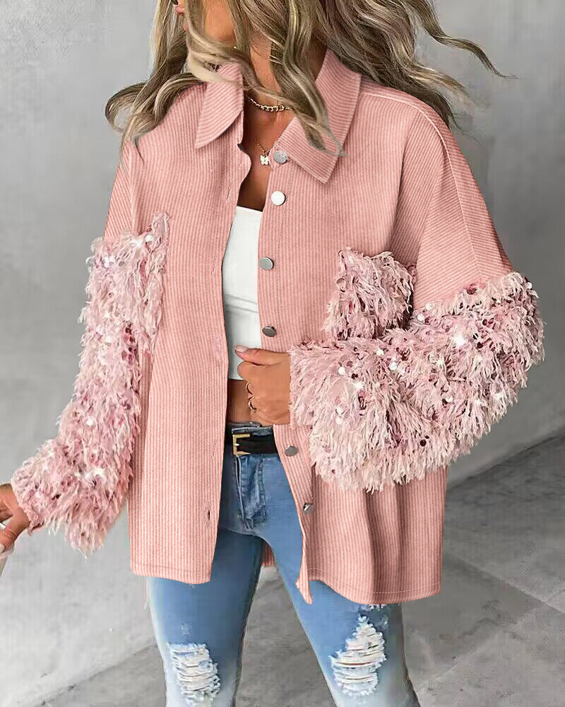 Contrast Sequin Turn-down Collar Long Sleeve Tassel Design Fuzzy Shacket with Pocket