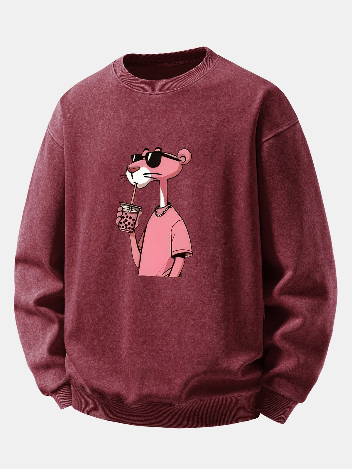 Relaxed Fit Pink Panther Print Washed Distressed Sweatshirt