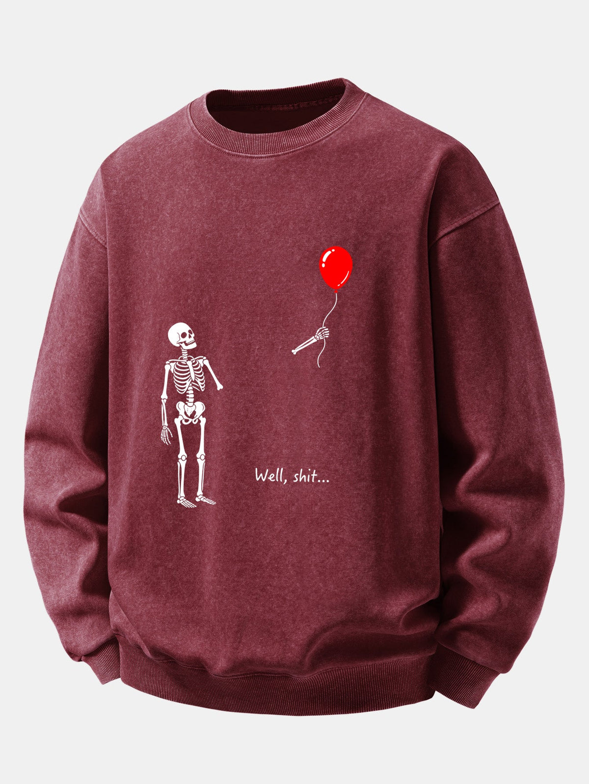 Relaxed Fit Funny Skeleton Balloon Print Washed Distressed Sweatshirt