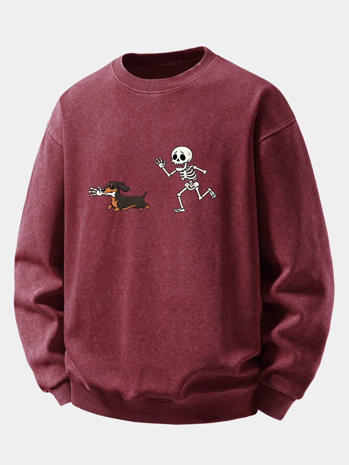 Relaxed Fit Skeleton Chasing Dachshund Print Washed Distressed Sweatshirt
