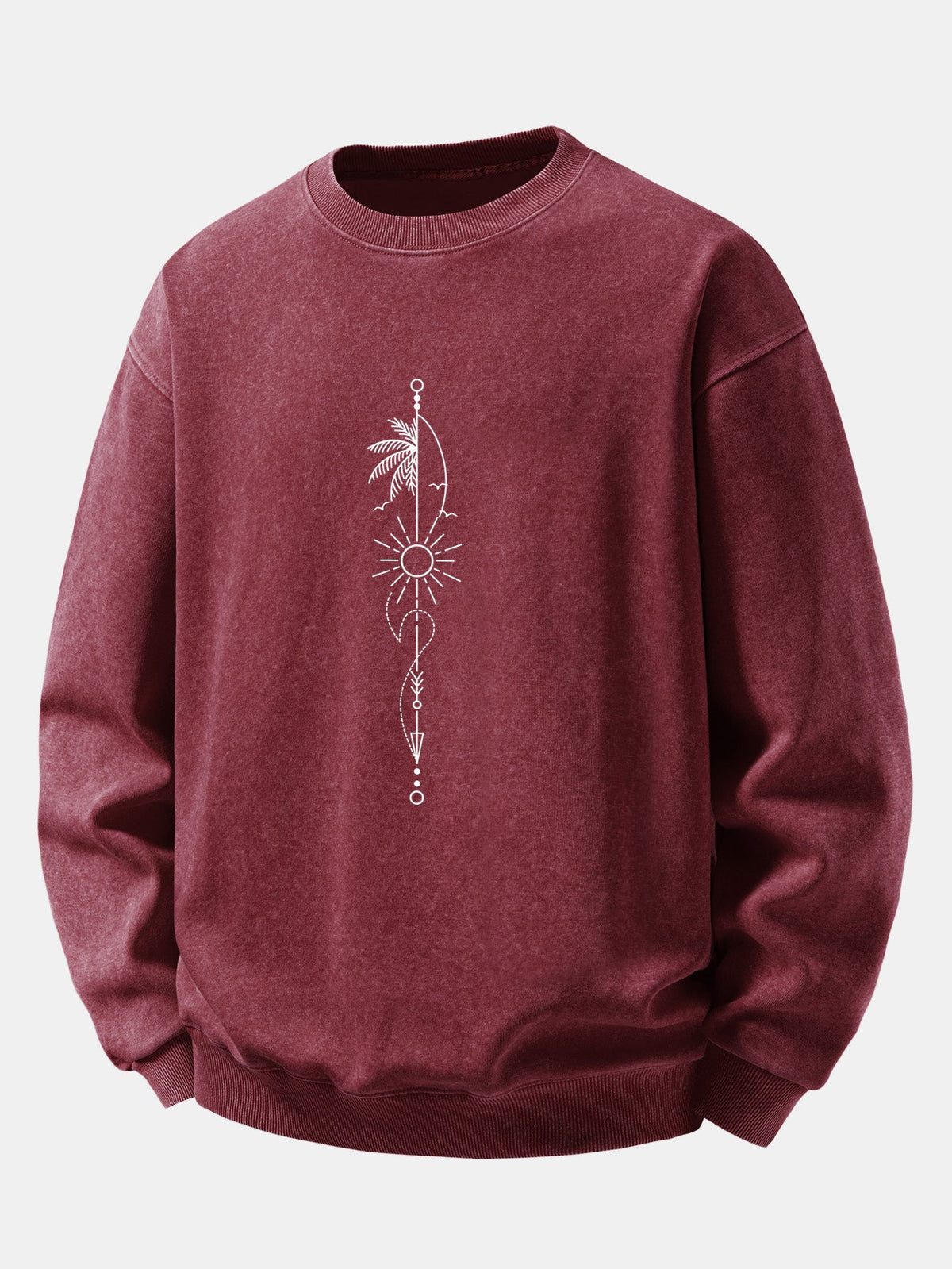 Relaxed Fit Sun Palm Tree Arrow Print Washed Distressed Sweatshirt