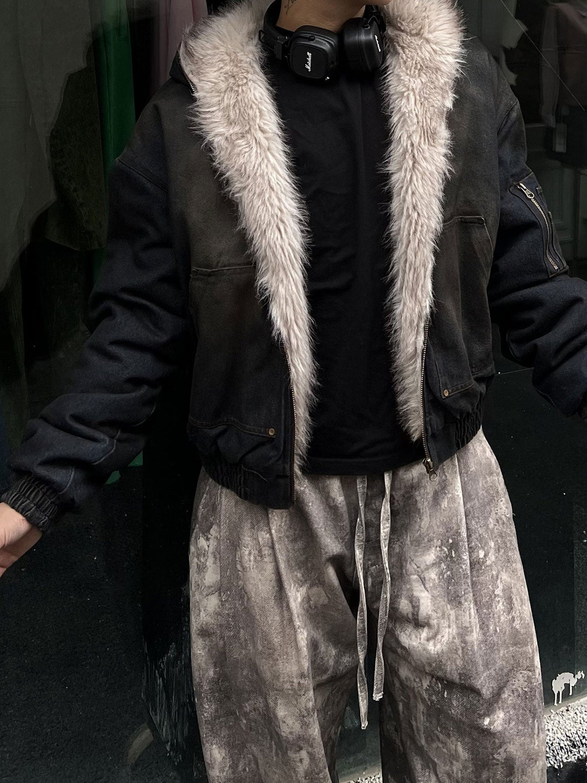 Boxy Faux Fur Collar Washed Denim Hooded Jacket