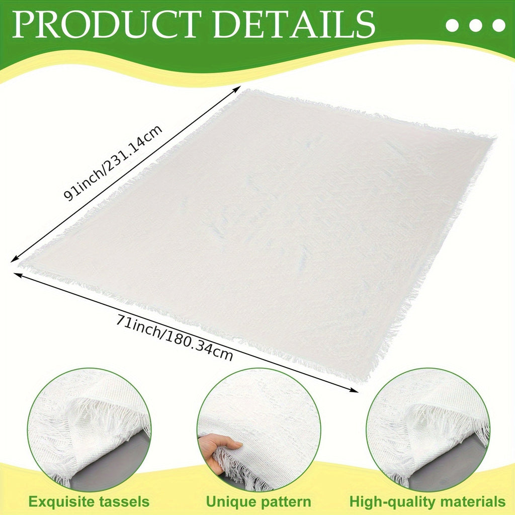 Picnic Blanket, Large 91 x 71-Inch White Woven Cotton Throw with Geometric Texture and Fringed Edges