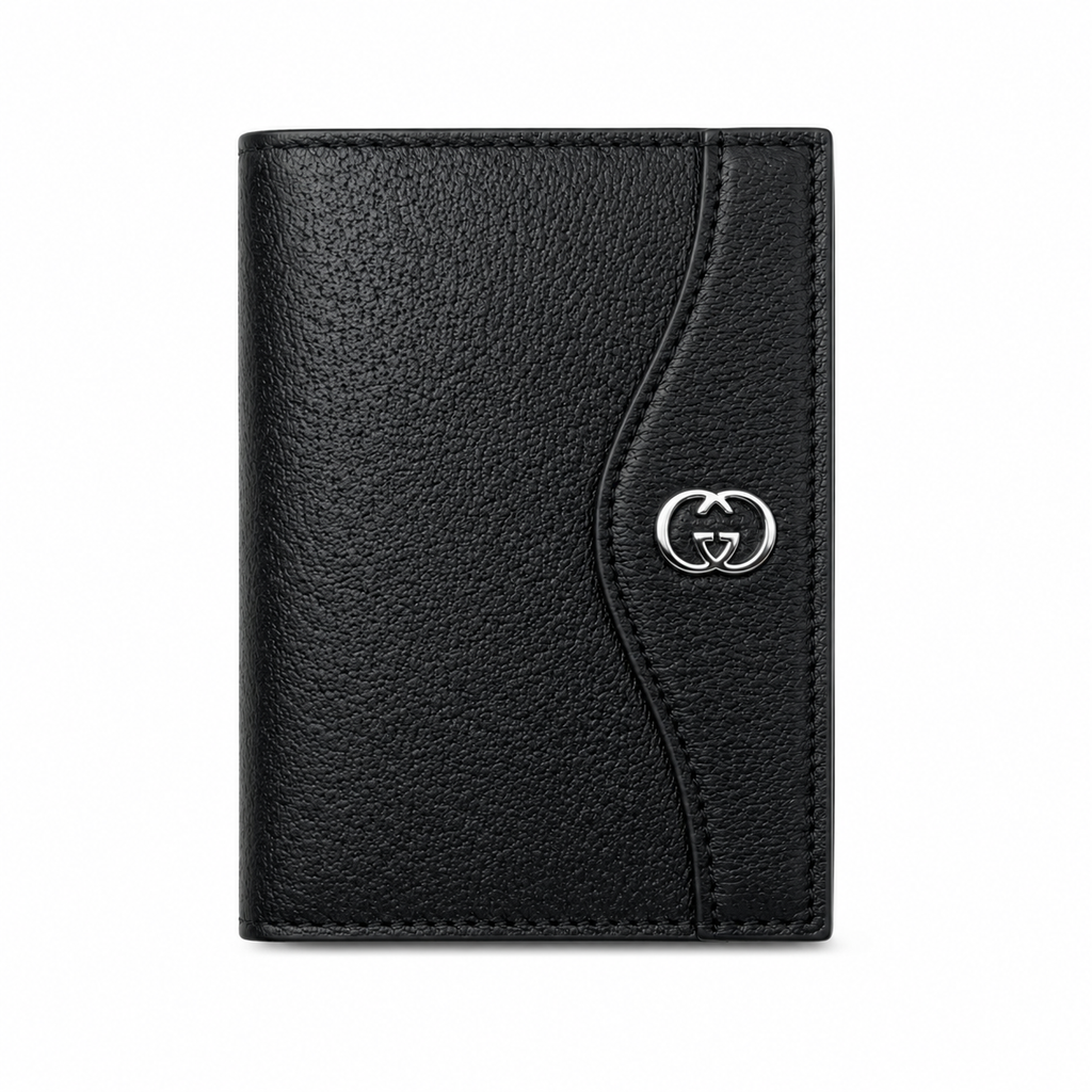 Gucci Interlocking GG Card Holder Wallet – Black Pebbled Leather Silver Hardware