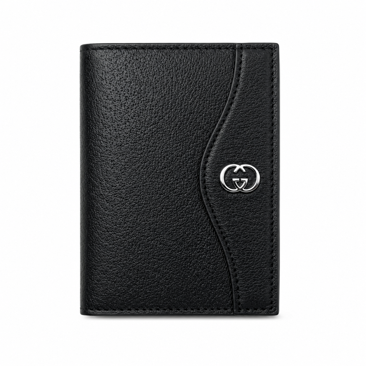 Gucci Interlocking GG Card Holder Wallet – Black Pebbled Leather Silver Hardware