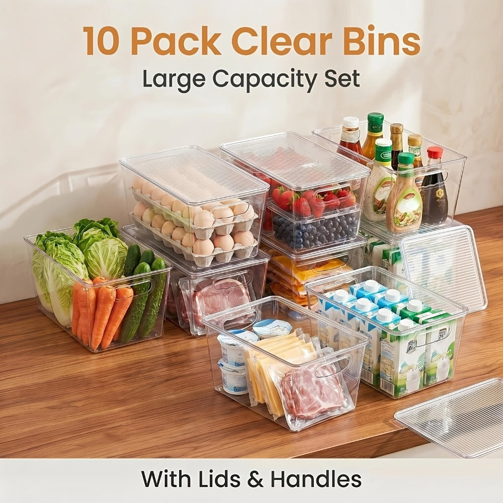 Storage Bins, Ten-Pack Clear Stackable Pantry Containers with Lids and Handles, 11 x 7.5 x 6 Inches