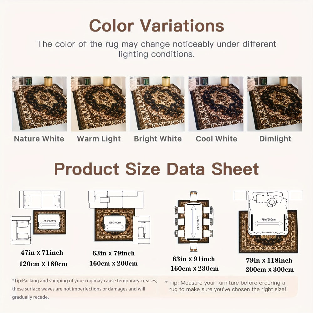 Area Rug, Persian Bohemian Pattern Carpet in Four Rectangular Sizes with Machine-Wash Care and Textured Backing