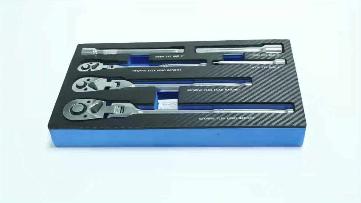 6-Piece Ratchet Wrench Set 1/4" 3/8" 1/2" Drive – Rotating Head Ratchet with Extension Bar, Chrome-Plated Stainless Steel, EVA Foam Storage Case | No Battery Required