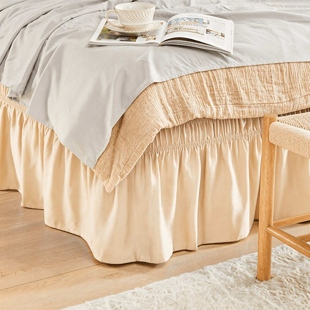 Bed Skirt Elastic Wrap Around Ruffle - 15 Inch Drop Microfiber Dust Ruffle, Adjustable No-Lift Fit, Fade Resistant Machine Washable, Hotel Quality Bedskirt for Twin Full Queen King, 30 Colors