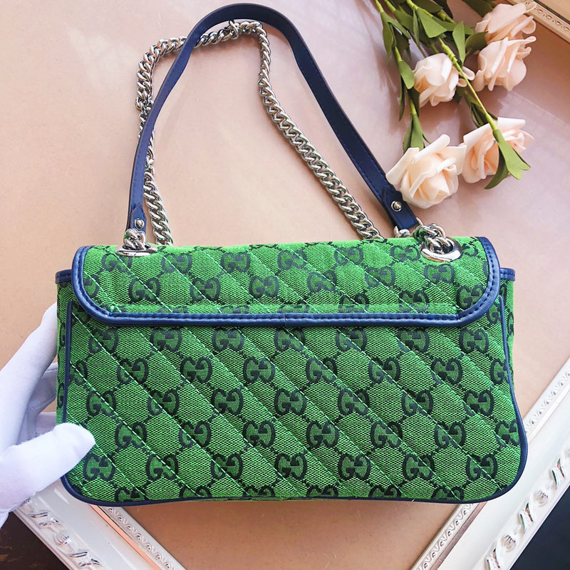 Gucci GG Marmont Small Shoulder Bag – Quilted GG Canvas Pink Purple & Green Navy